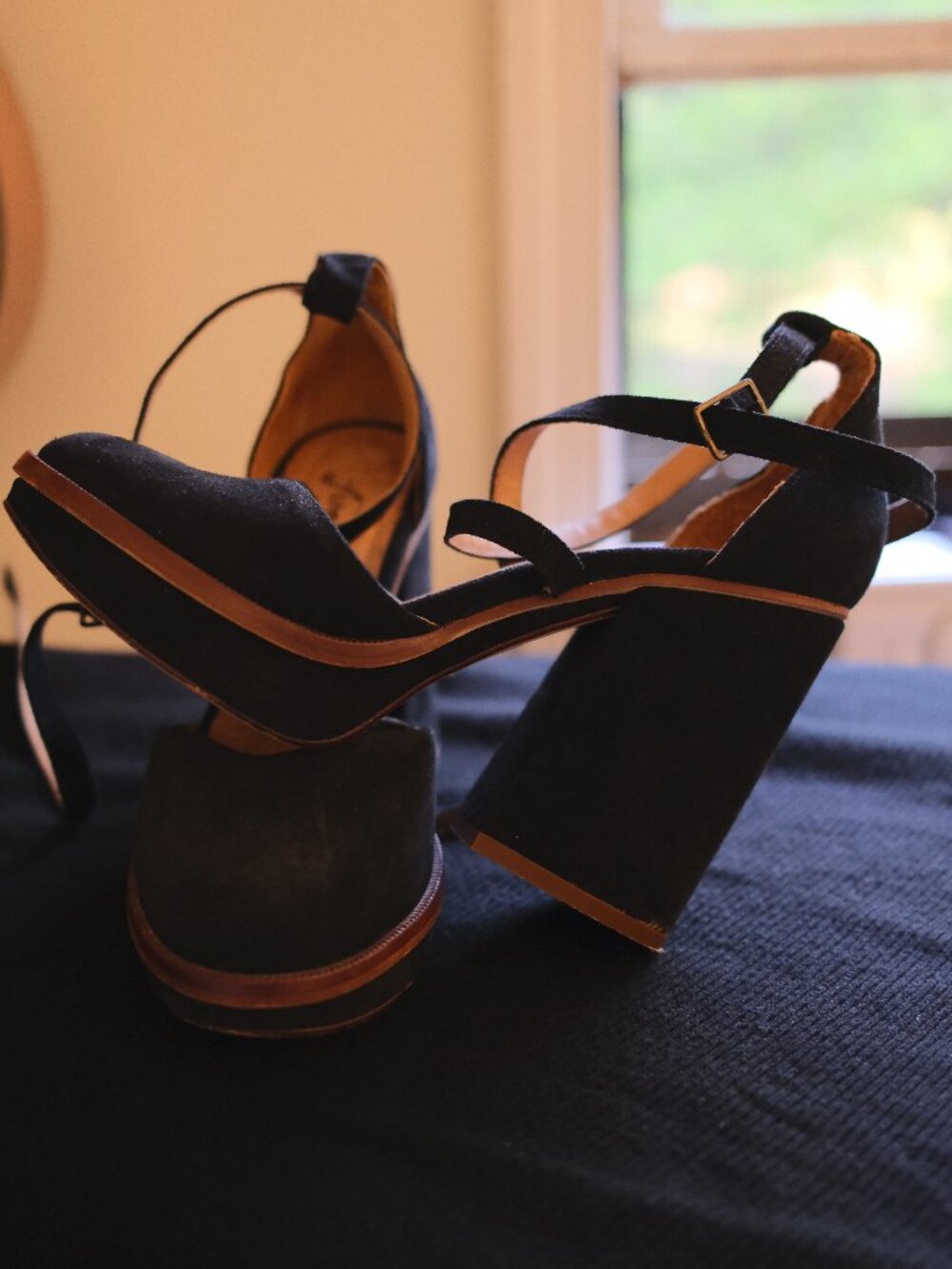 Free People Black Suede Platform Block Heel Mary Jane Heels Size 37 / US 6.5–7
